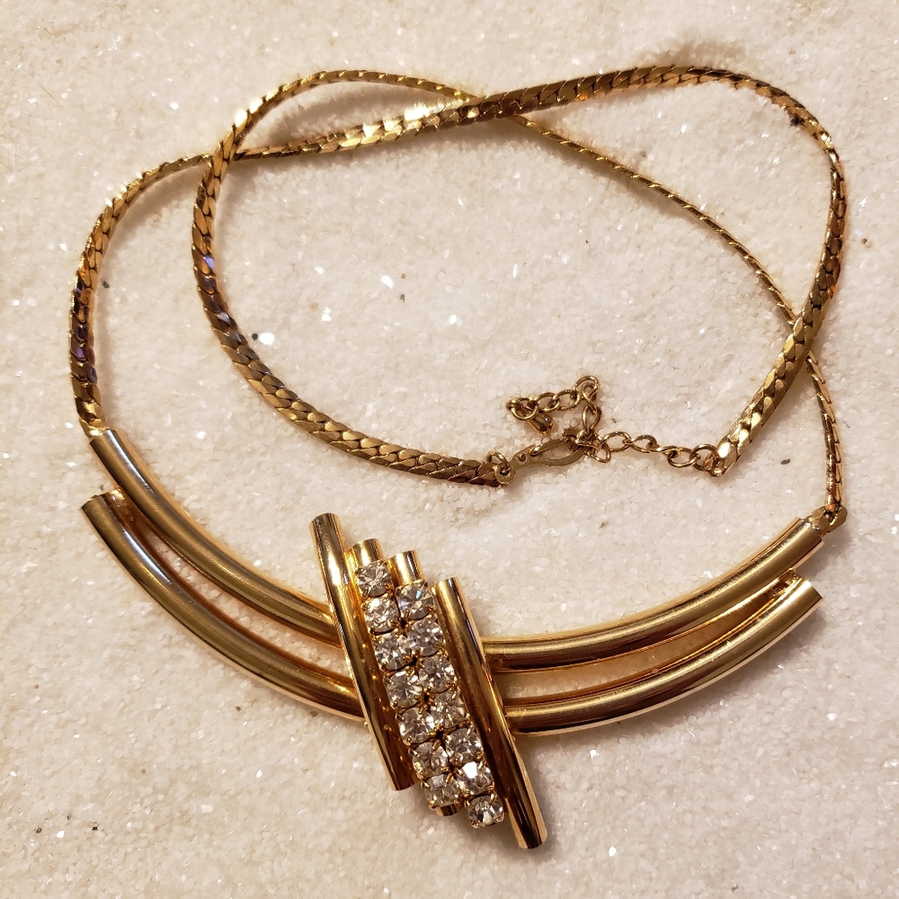 Goldtone Rhinestone Necklace, Vintage, Pipes, Neat